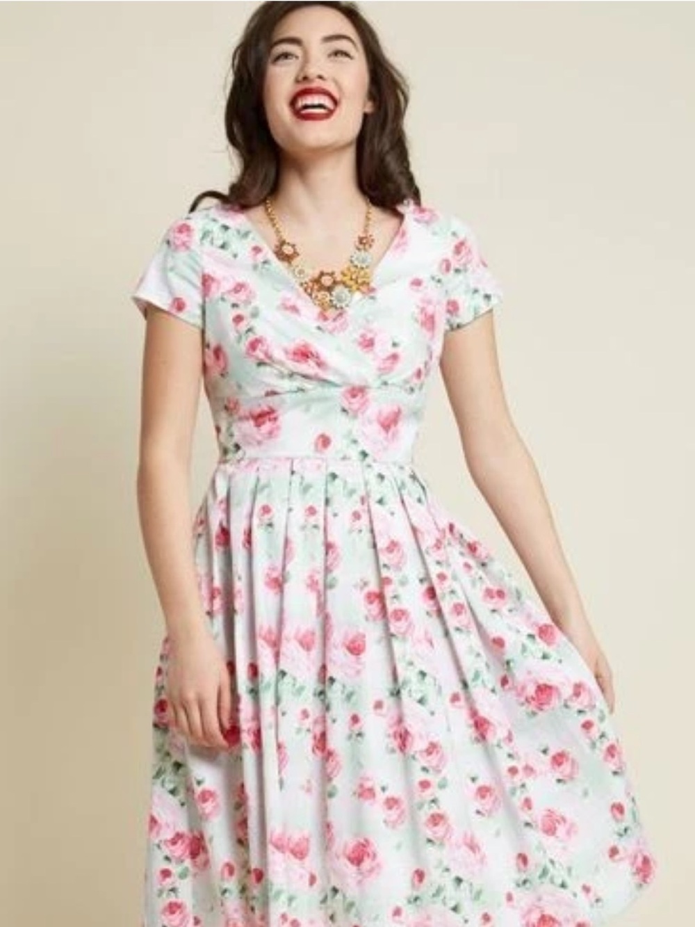 ModCloth Hell Bunny Blossom Toss Up Dress - Check Swing Dress with Pink Roses